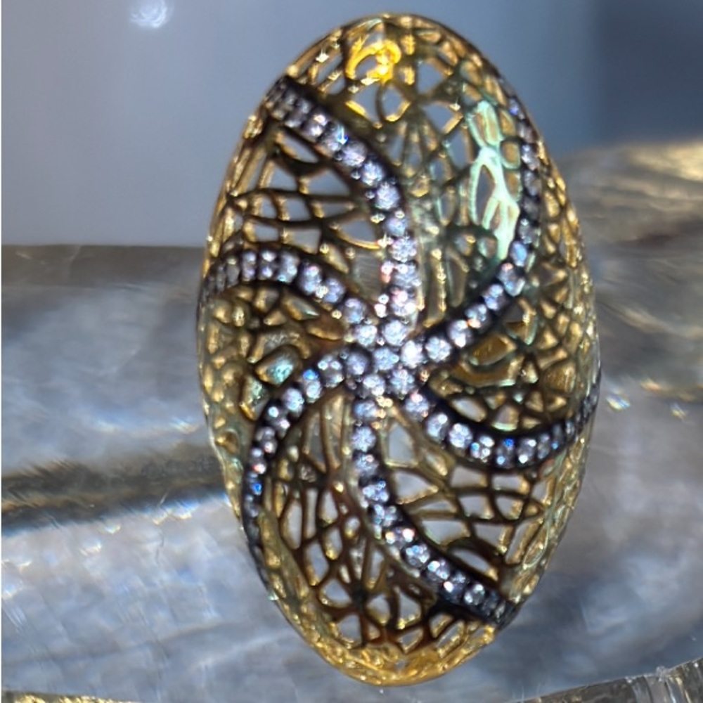 Zato’s Elegant 925 Sterling Silver 14K Gold Plated Filigree Dome Ring Sz 7